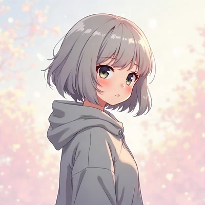 anime girl pfp — short silver bob, curious sideways glance, dreamy pastel bokeh lighting