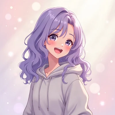anime girl pfp — lavender wavy hair, soft cheerful laugh, dreamy pastel bokeh lighting