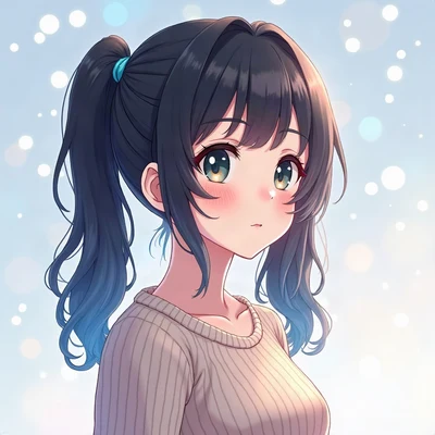 anime girl pfp — black hair with blue tint in twin tails, calm serene expression, dreamy pastel bokeh lighting