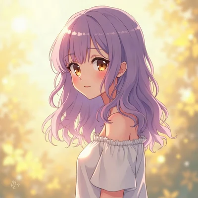 anime girl pfp — lavender wavy hair, thoughtful look, golden hour warm lighting