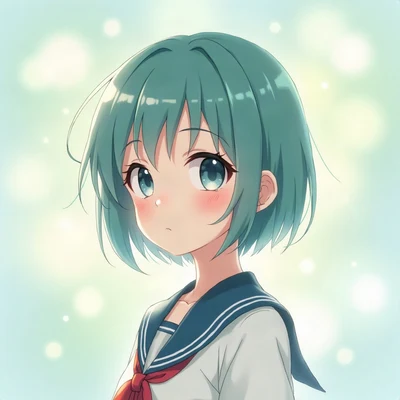 anime girl pfp — teal short pixie hair, calm serene expression, dreamy pastel bokeh lighting