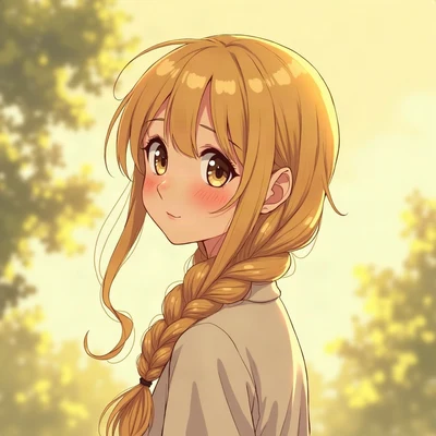 anime girl pfp — blonde braided hair, curious sideways glance, golden hour warm lighting