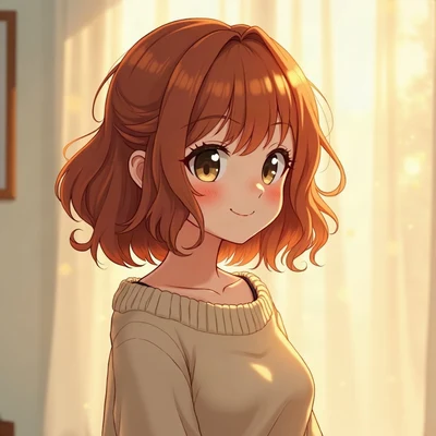 anime girl pfp — messy auburn shoulder-length hair, gentle smile, cool morning light