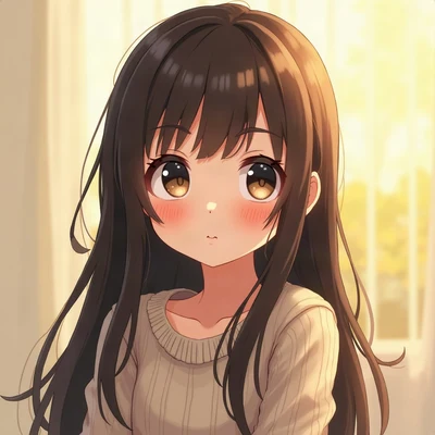 anime girl pfp — dark brown long straight hair, calm serene expression, cool morning light
