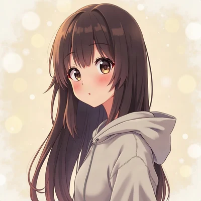 anime girl pfp — dark brown long straight hair, curious sideways glance, dreamy pastel bokeh lighting