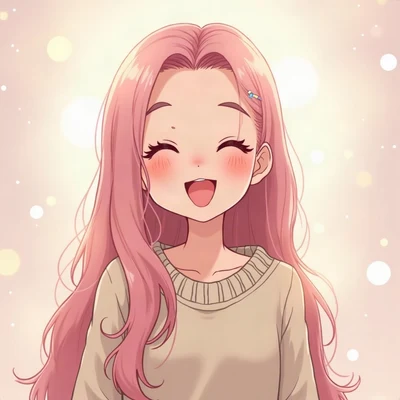 anime girl pfp — long pastel pink hair, soft cheerful laugh, dreamy pastel bokeh lighting