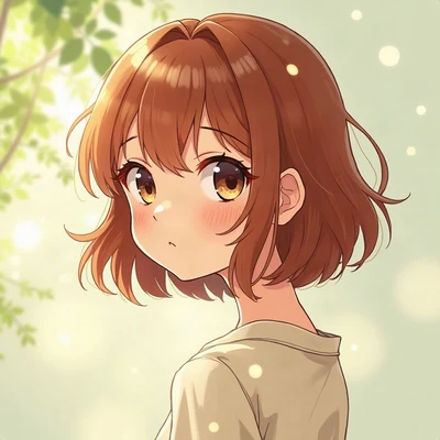anime girl pfp — messy auburn shoulder-length hair, curious sideways glance, cool morning light