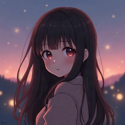 anime girl pfp — dark brown long straight hair, curious sideways glance, dusk purple ambient light