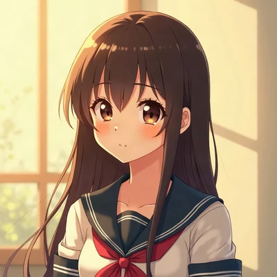 anime girl pfp — dark brown long straight hair, calm serene expression, golden hour warm lighting
