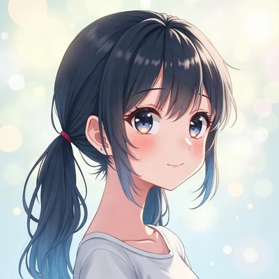 anime girl pfp — black hair with blue tint in twin tails, calm serene expression, dreamy pastel bokeh lighting