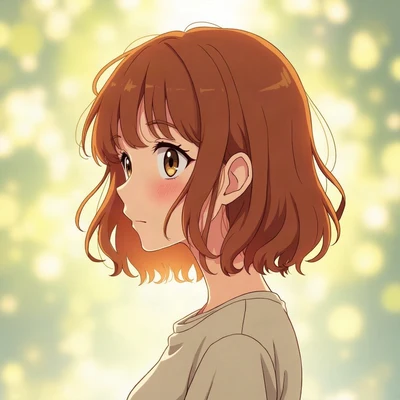 anime girl pfp — messy auburn shoulder-length hair, thoughtful look, cool morning light