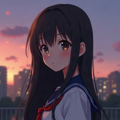 anime girl pfp — dark brown long straight hair, thoughtful look, dusk purple ambient light
