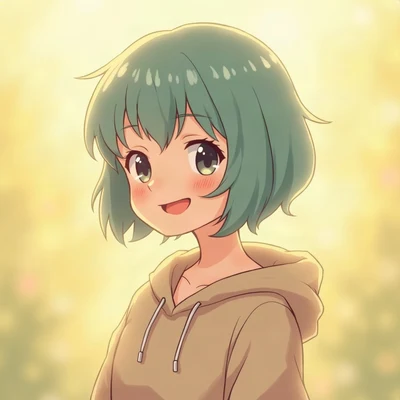 anime girl pfp — teal short pixie hair, soft cheerful laugh, golden hour warm lighting