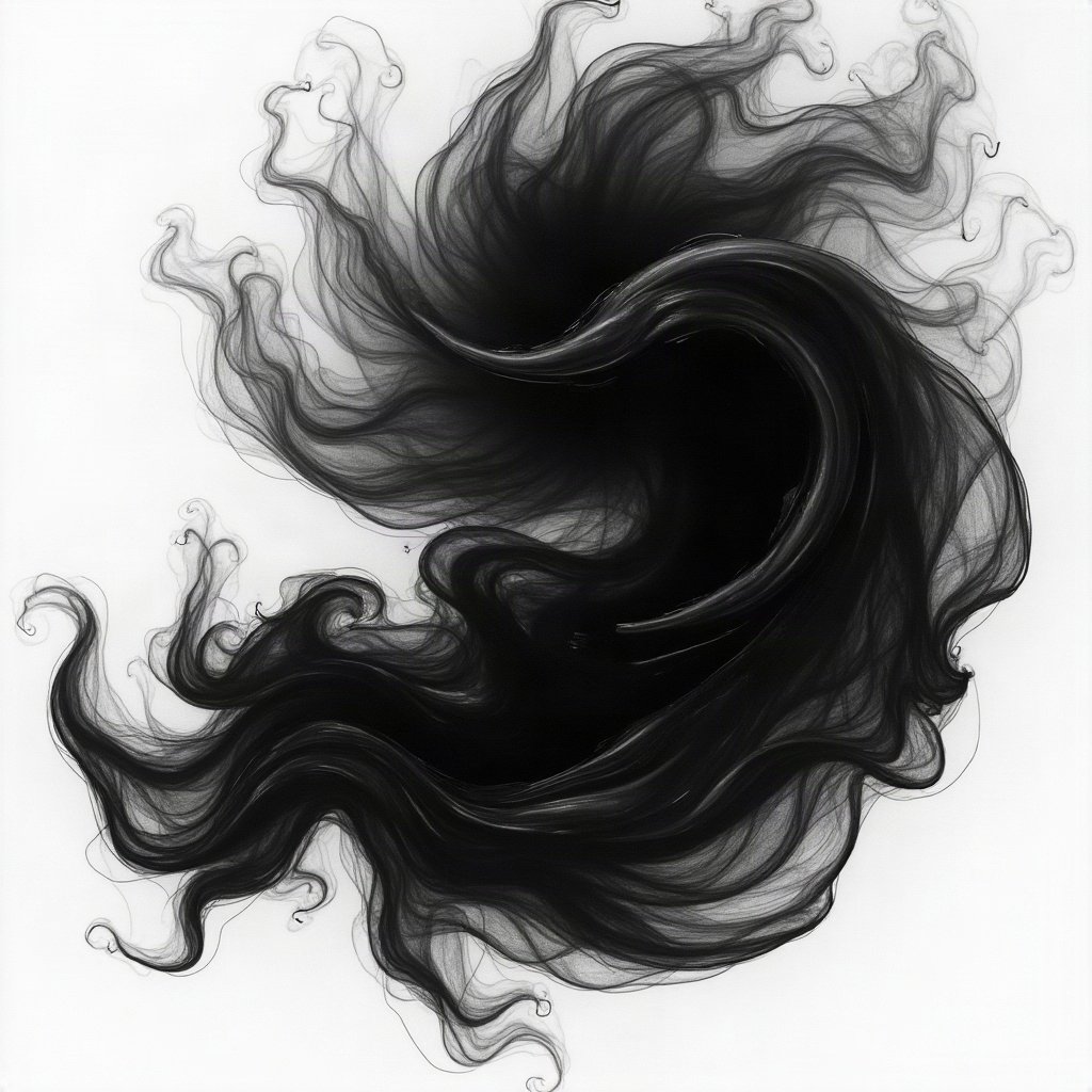 black and white pfp — abstract ink swirl, deep blacks with silver highlights, dramatic