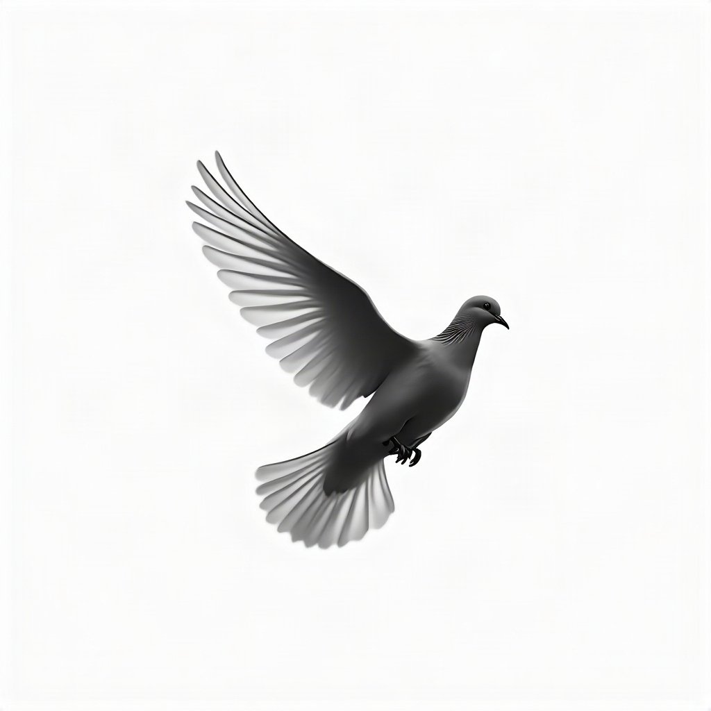 black and white pfp — dove mid-flight, high-key white background, minimal