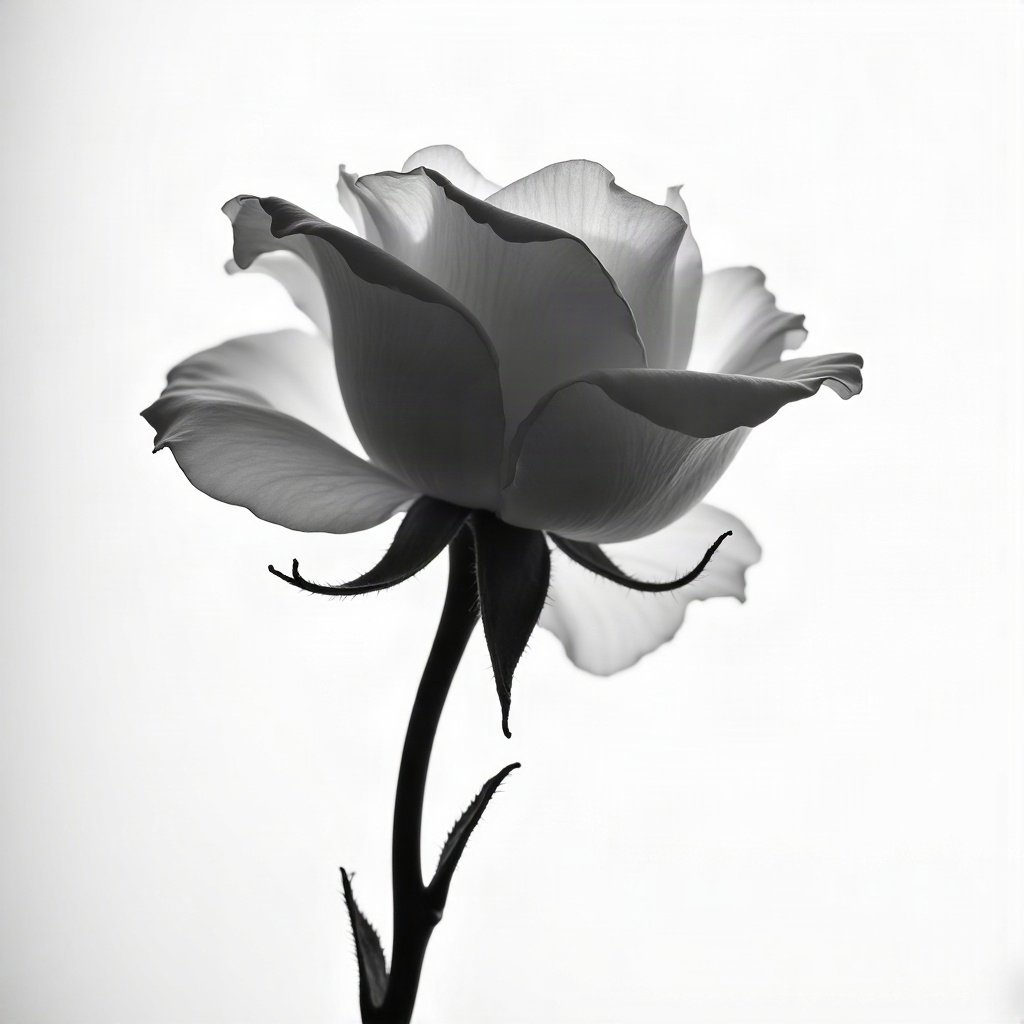 black and white pfp — rose in dramatic side light, high-key white background, gentle