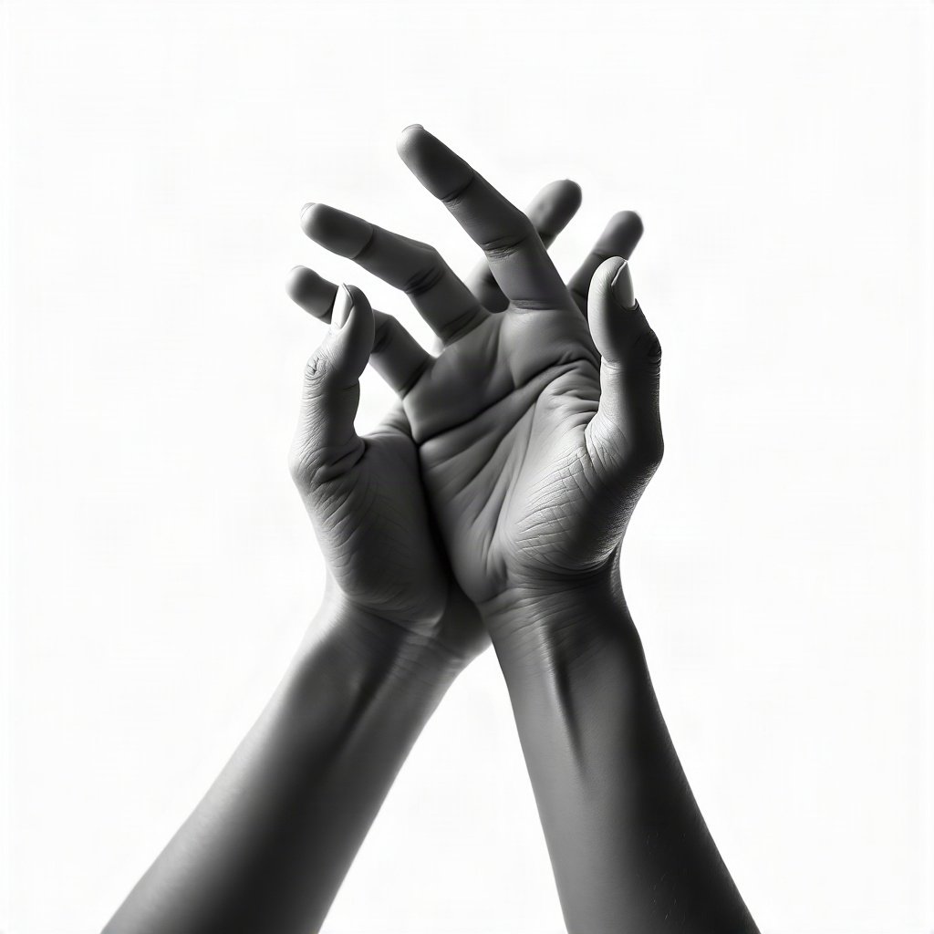black and white pfp — hands almost touching, high-key white background, dramatic