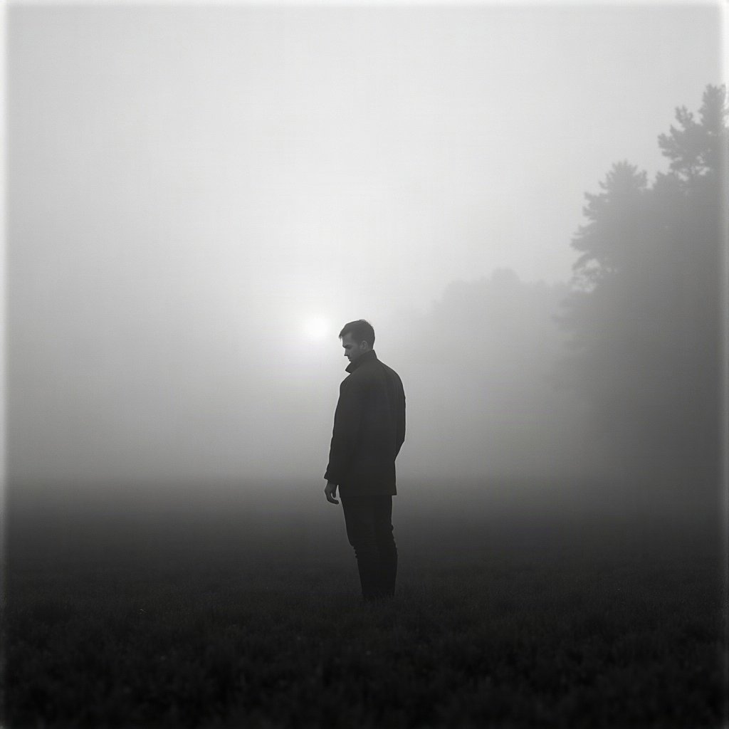 black and white pfp — lone figure silhouette in fog, soft film grain monochrome, dramatic