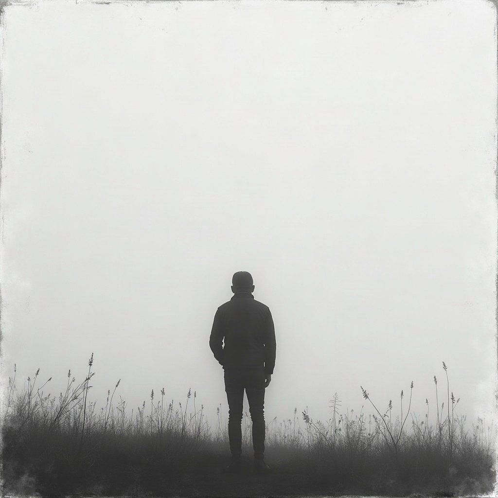 black and white pfp — lone figure silhouette in fog, charcoal sketch texture, minimal
