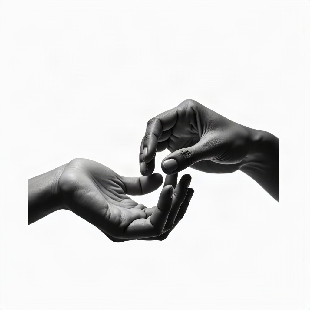 black and white pfp — hands almost touching, high-key white background, dramatic