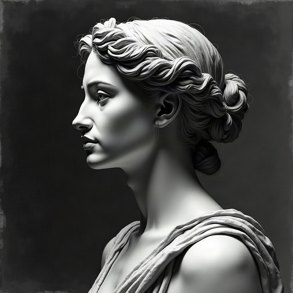 black and white pfp — classical statue profile, charcoal sketch texture, cinematic