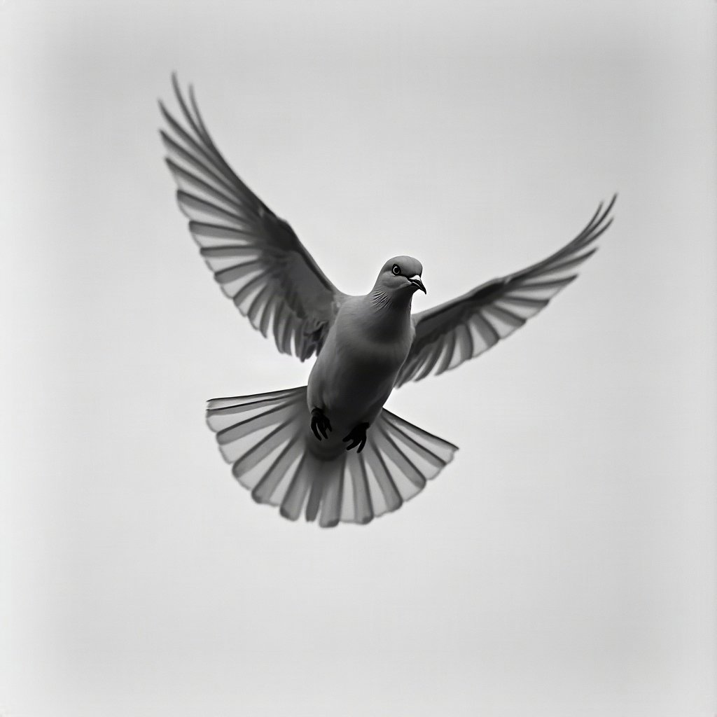 black and white pfp — dove mid-flight, soft film grain monochrome, gentle