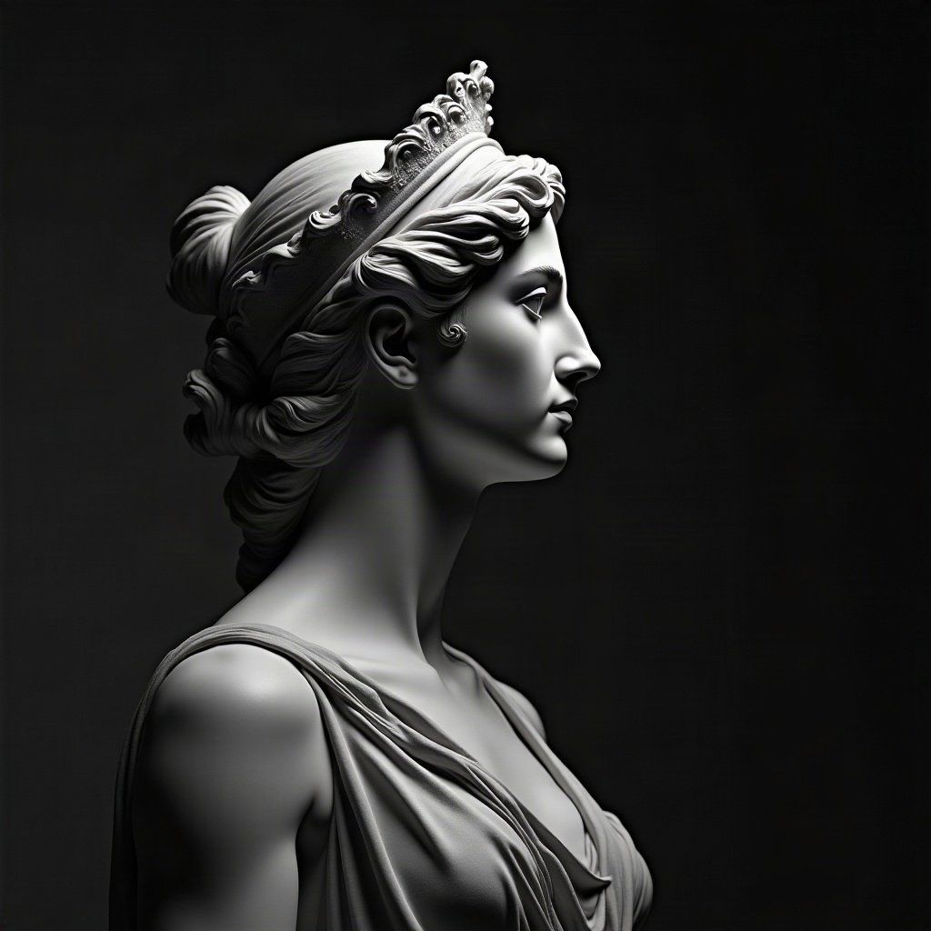 black and white pfp — classical statue profile, soft film grain monochrome, dramatic