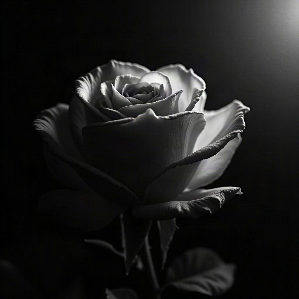 black and white pfp — rose in dramatic side light, soft film grain monochrome, cinematic