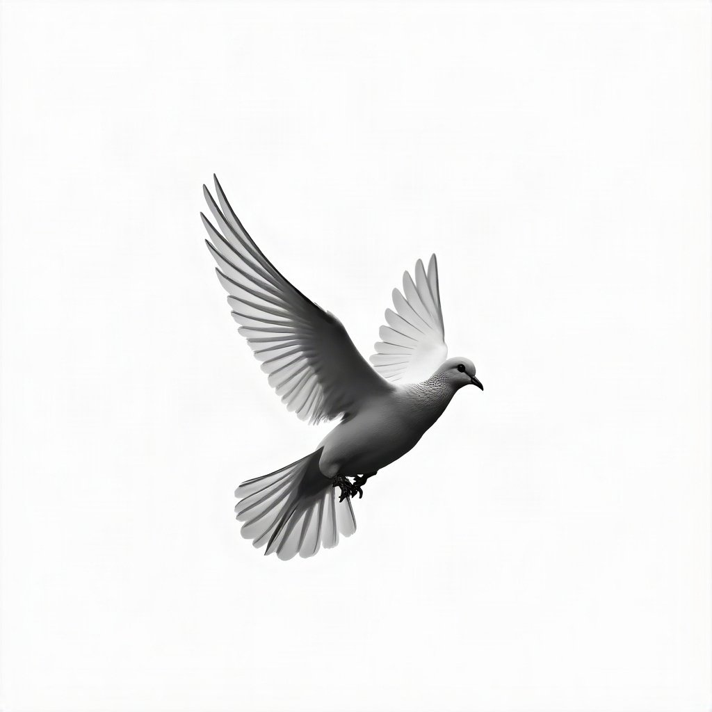 black and white pfp — dove mid-flight, high-key white background, minimal