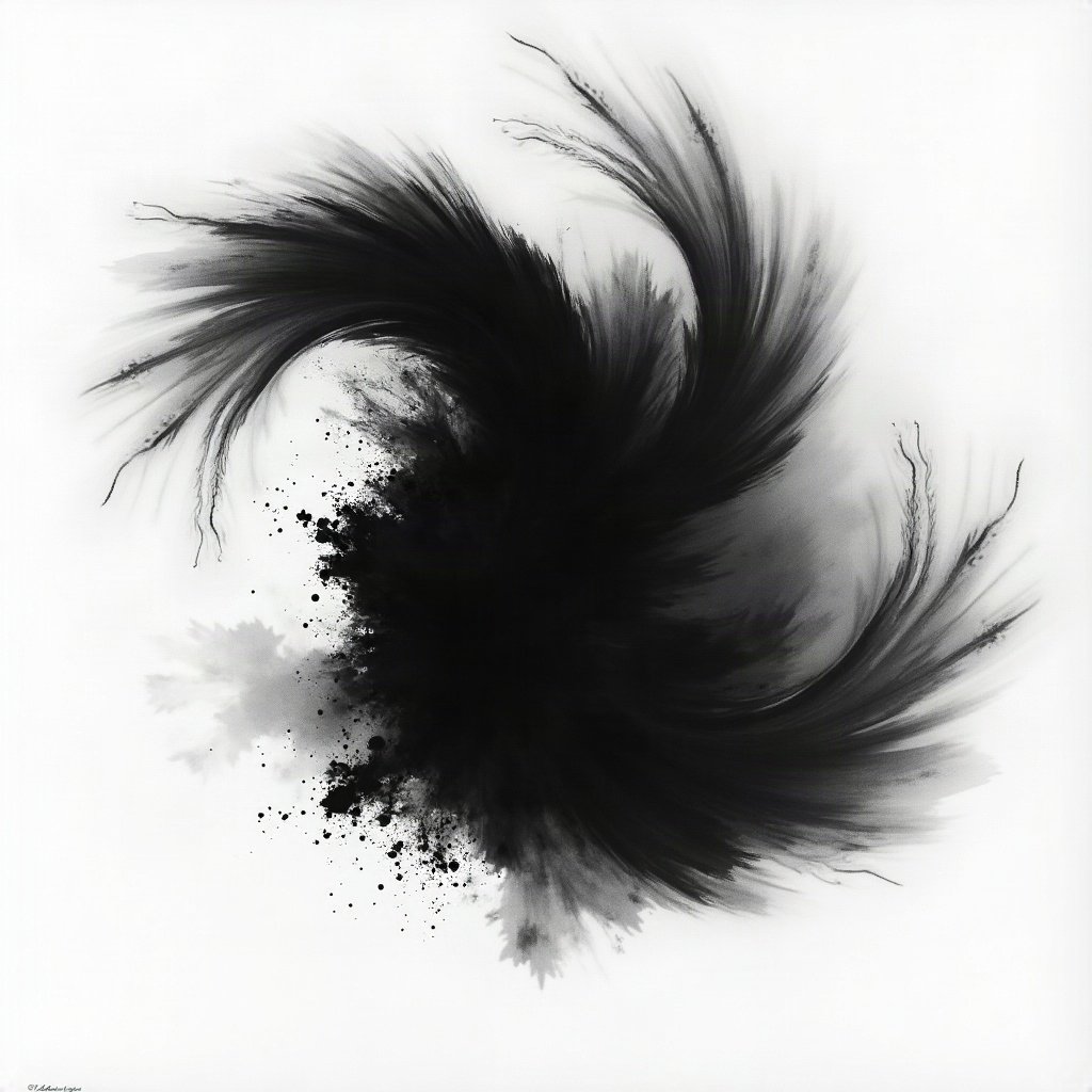 black and white pfp — abstract ink swirl, deep blacks with silver highlights, minimal