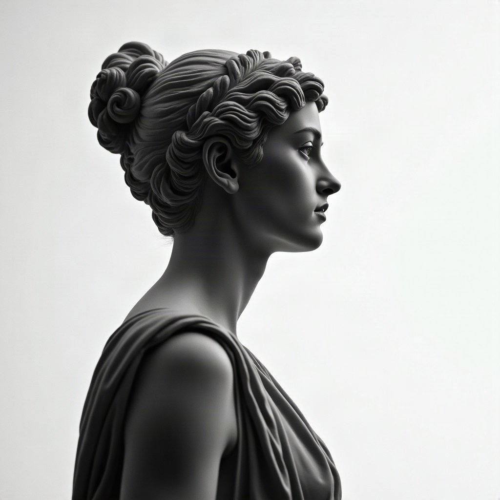 black and white pfp — classical statue profile, soft film grain monochrome, minimal