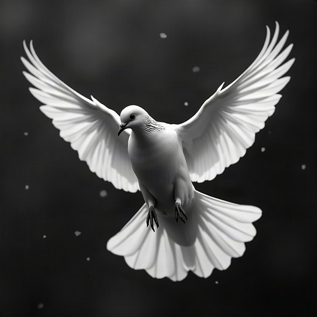 black and white pfp — dove mid-flight, soft film grain monochrome, dramatic