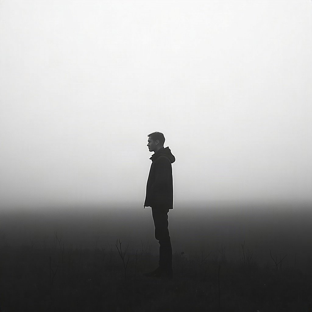 black and white pfp — lone figure silhouette in fog, soft film grain monochrome, minimal
