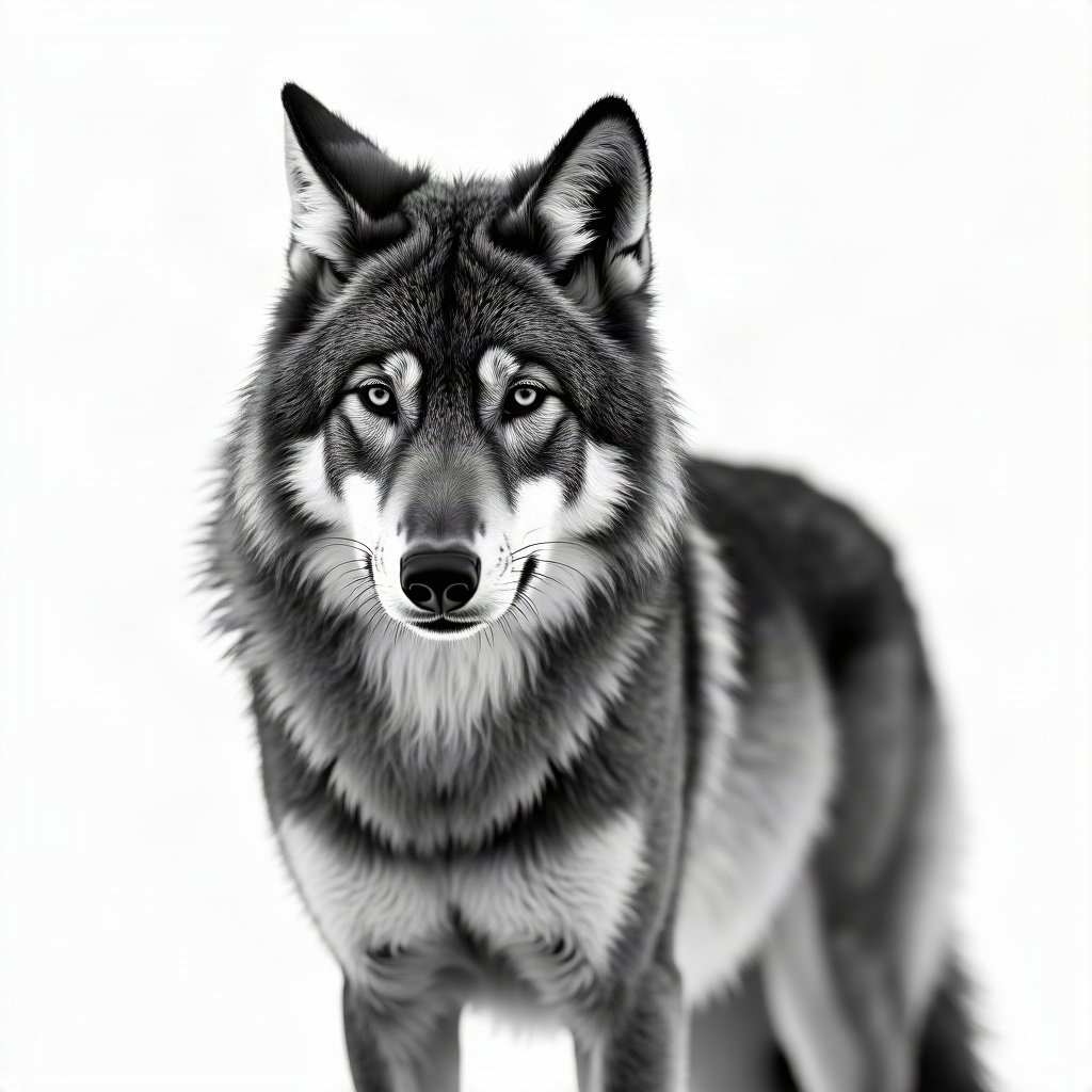 black and white pfp — wolf portrait, high-key white background, cinematic