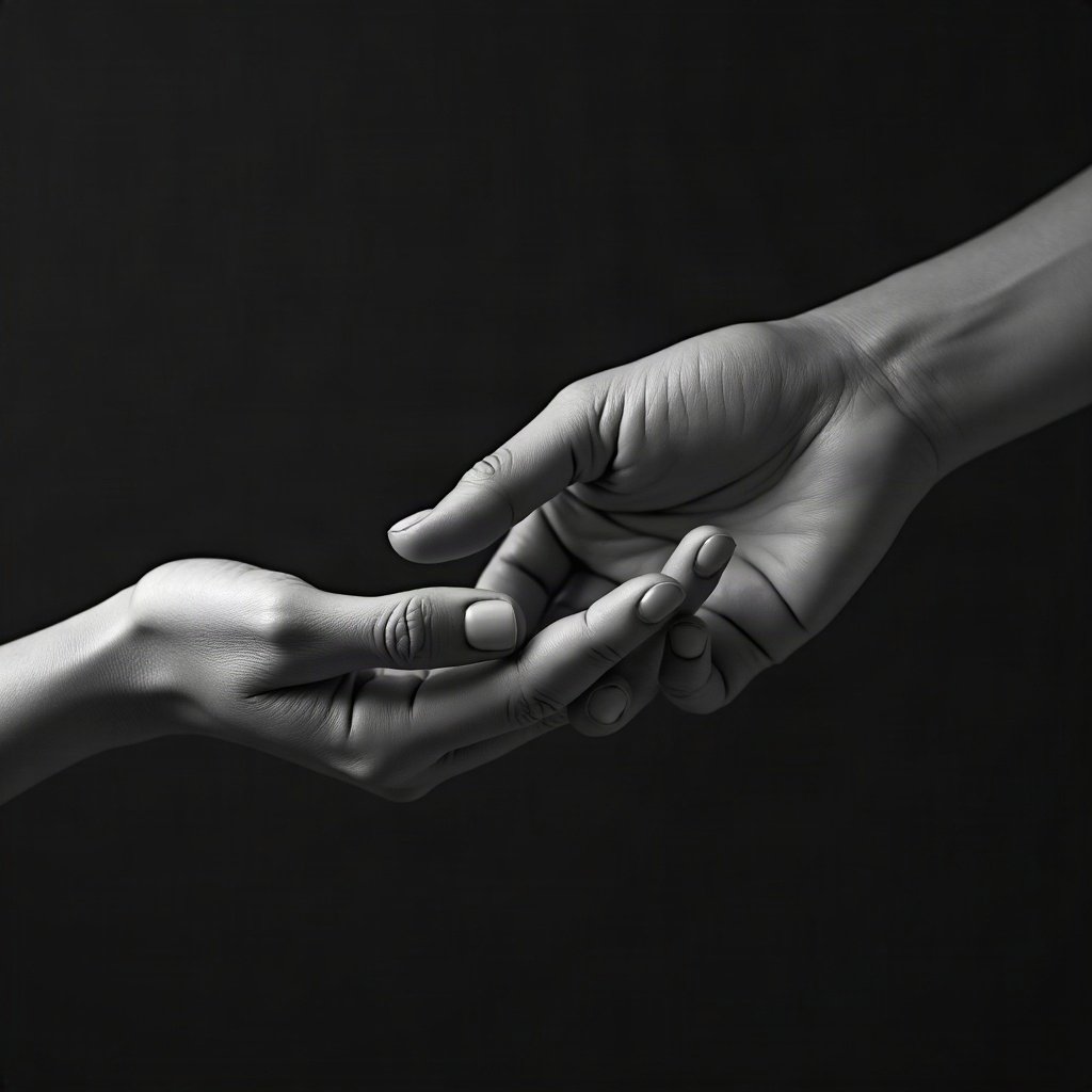 black and white pfp — hands almost touching, soft film grain monochrome, minimal
