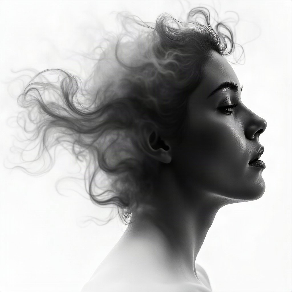 black and white pfp — abstract ink swirl, soft film grain monochrome, cinematic