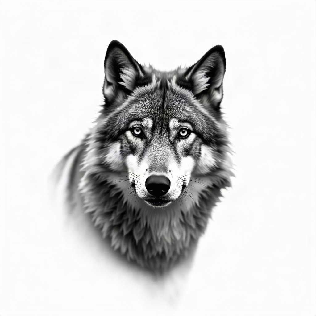 black and white pfp — wolf portrait, high-key white background, minimal