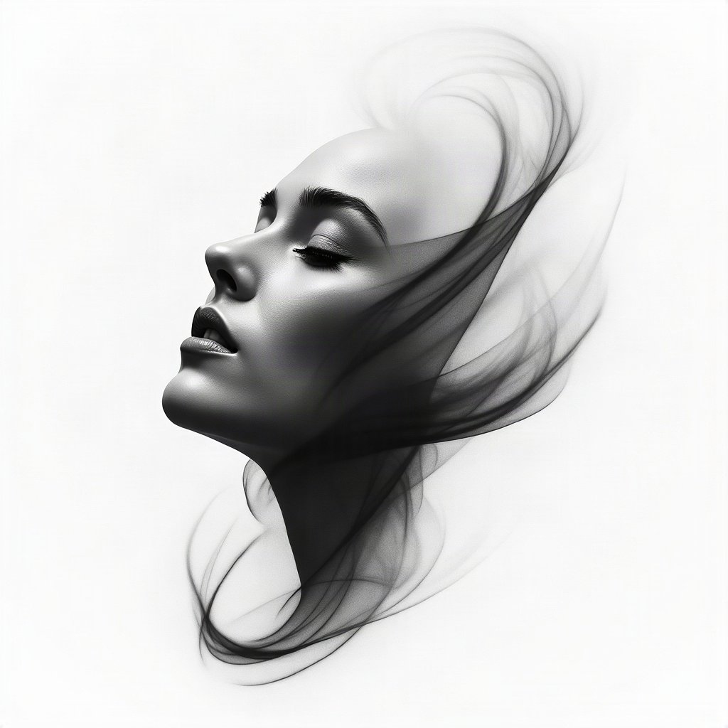 black and white pfp — abstract ink swirl, soft film grain monochrome, minimal