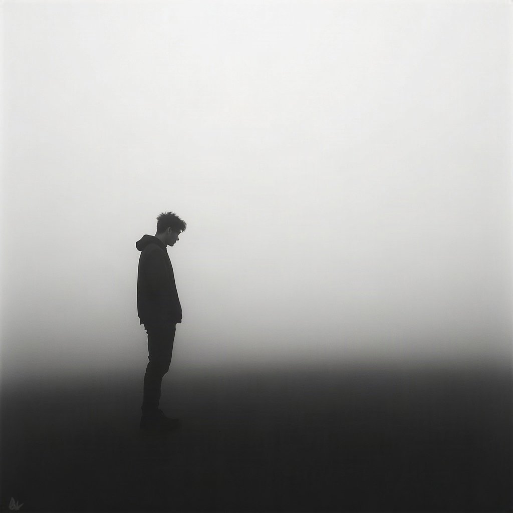 black and white pfp — lone figure silhouette in fog, soft film grain monochrome, gentle