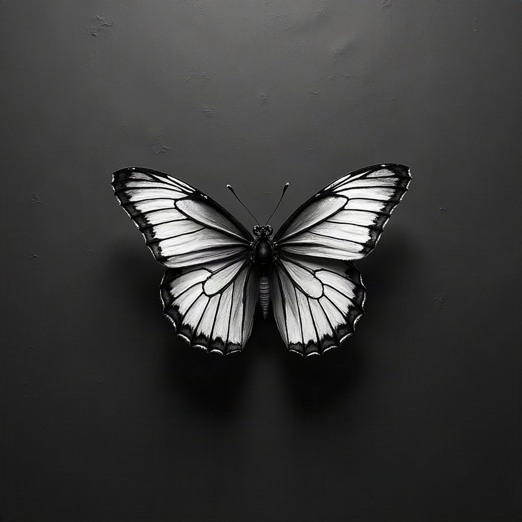 black and white pfp — butterfly on dark ground, charcoal sketch texture, minimal