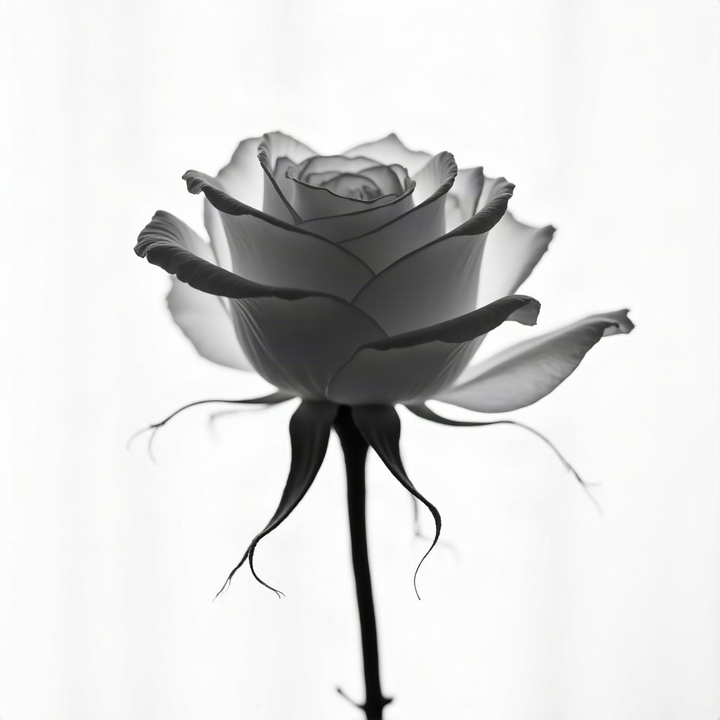 black and white pfp — rose in dramatic side light, high-key white background, gentle