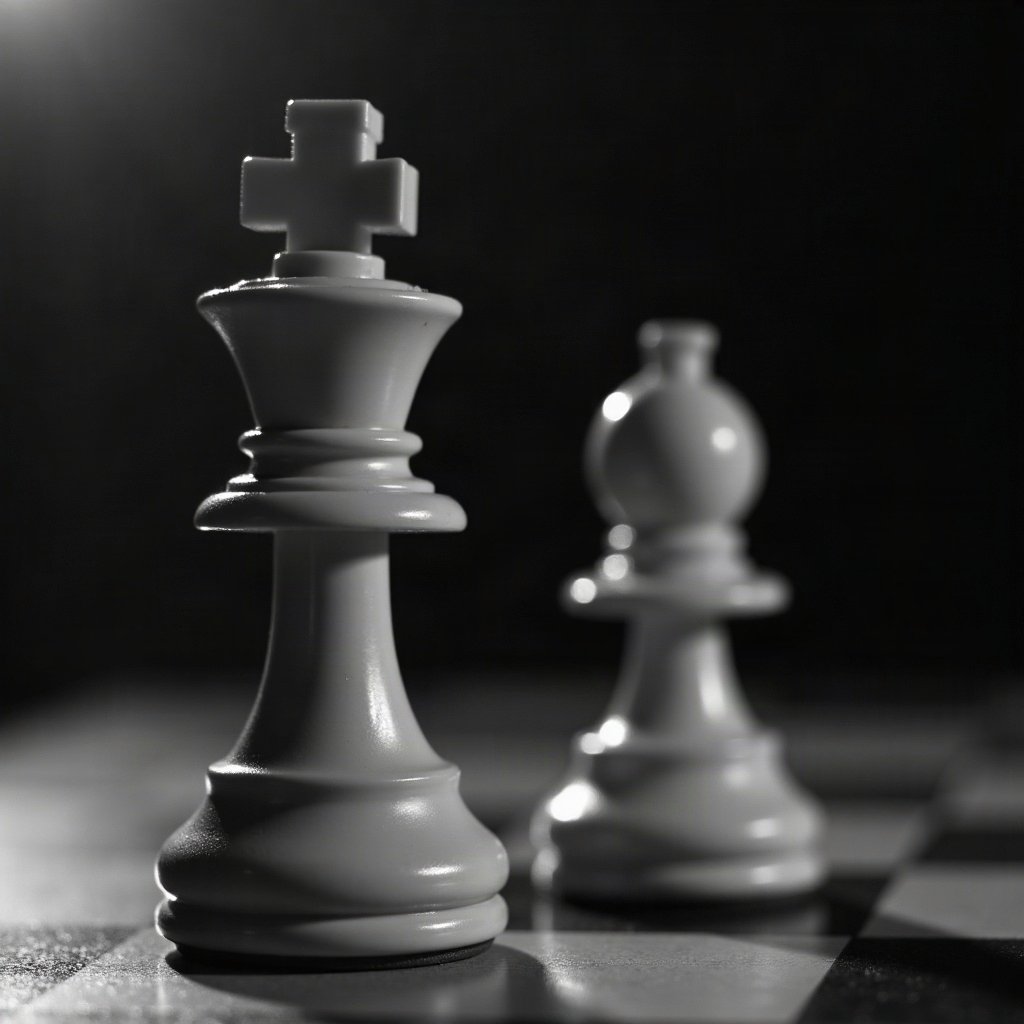 black and white pfp — chess piece macro, soft film grain monochrome, gentle