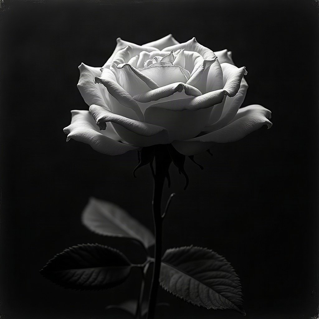 black and white pfp — rose in dramatic side light, charcoal sketch texture, dramatic