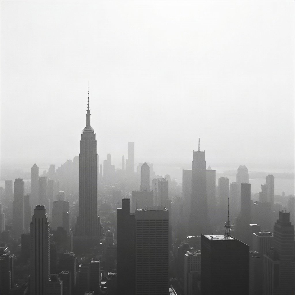 black and white pfp — city skyline minimal, soft film grain monochrome, gentle