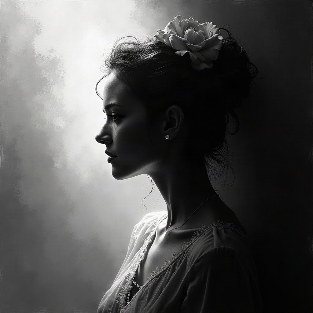 black and white pfp — rose in dramatic side light, charcoal sketch texture, dramatic