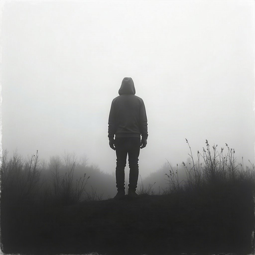 black and white pfp — lone figure silhouette in fog, charcoal sketch texture, dramatic