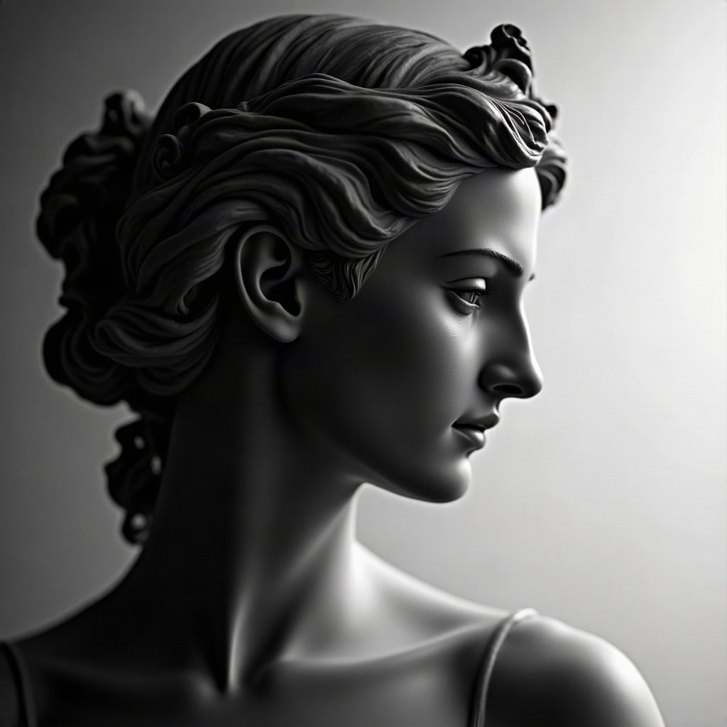 black and white pfp — classical statue profile, soft film grain monochrome, cinematic
