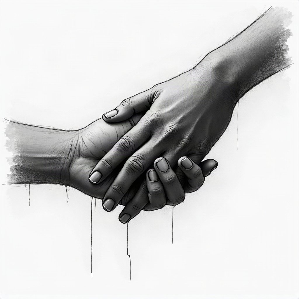 black and white pfp — hands almost touching, charcoal sketch texture, minimal
