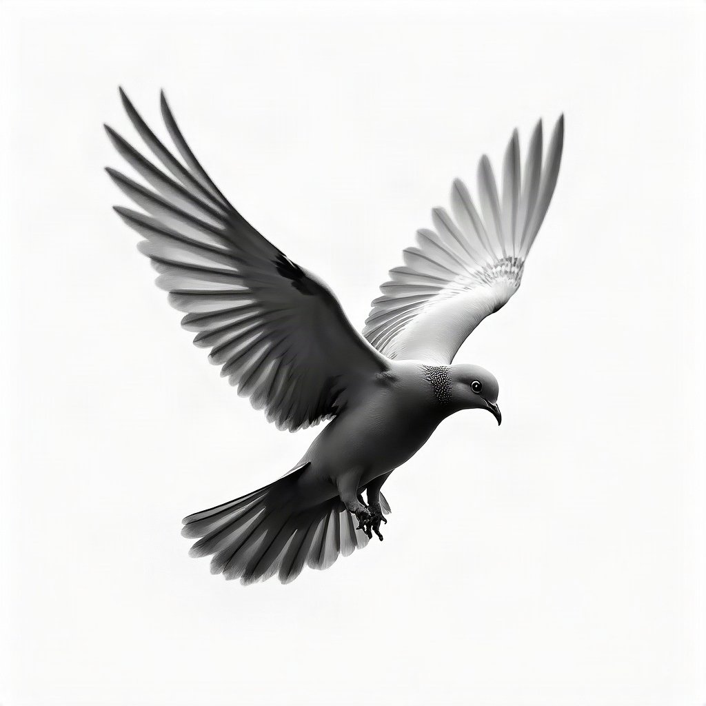 black and white pfp — dove mid-flight, charcoal sketch texture, gentle