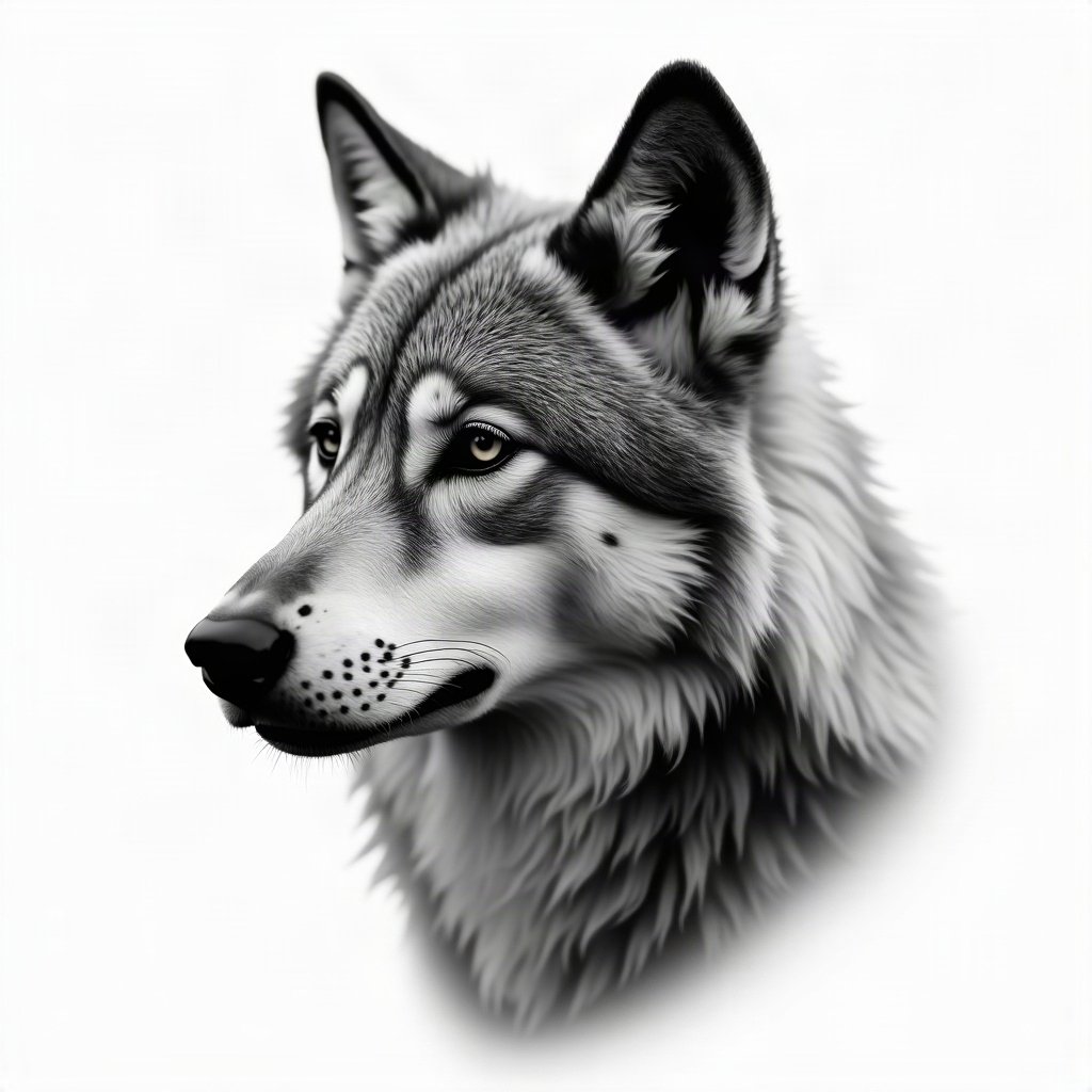 black and white pfp — wolf portrait, high-key white background, cinematic